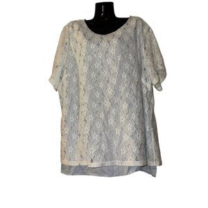 CJ Banks White Floral‎ Lace Split Back Striped Layered Top Plus Size 3X